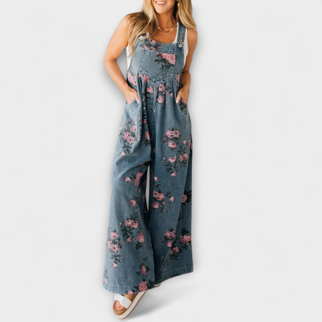 Bethany - Pantalone Salopette in Denim con Motivo Floreale