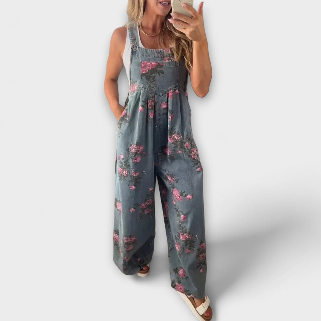 Bethany - Pantalone Salopette in Denim con Motivo Floreale