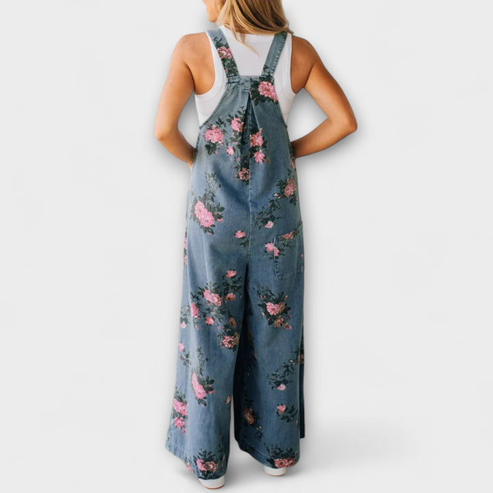 Bethany - Pantalone Salopette in Denim con Motivo Floreale