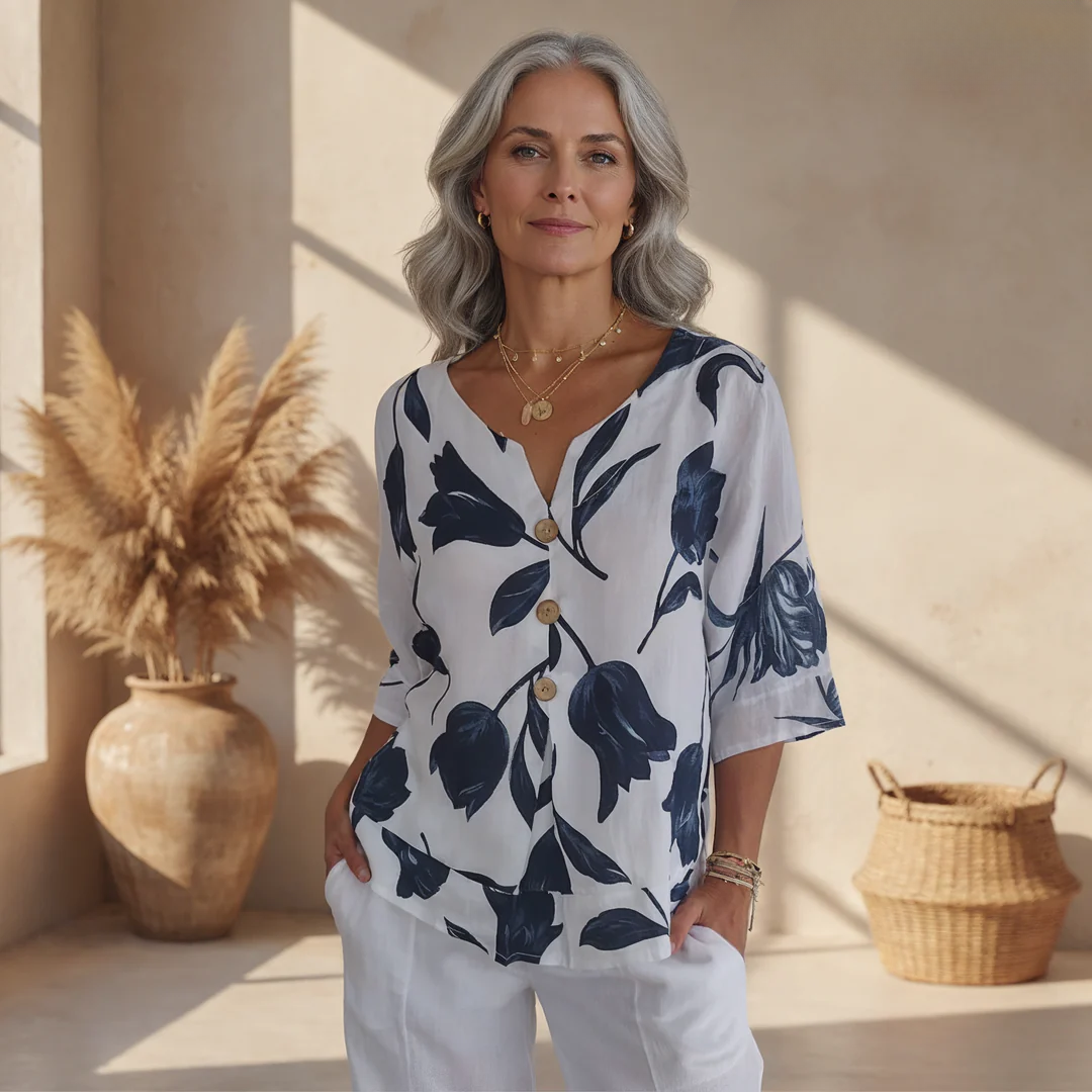 Eluriel - Blusa floreale con bottoni
