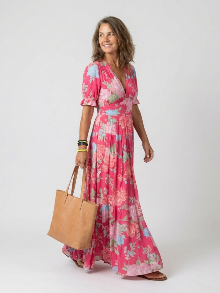 Carlota | Vestito midi floreale a maniche corte e scollo a V