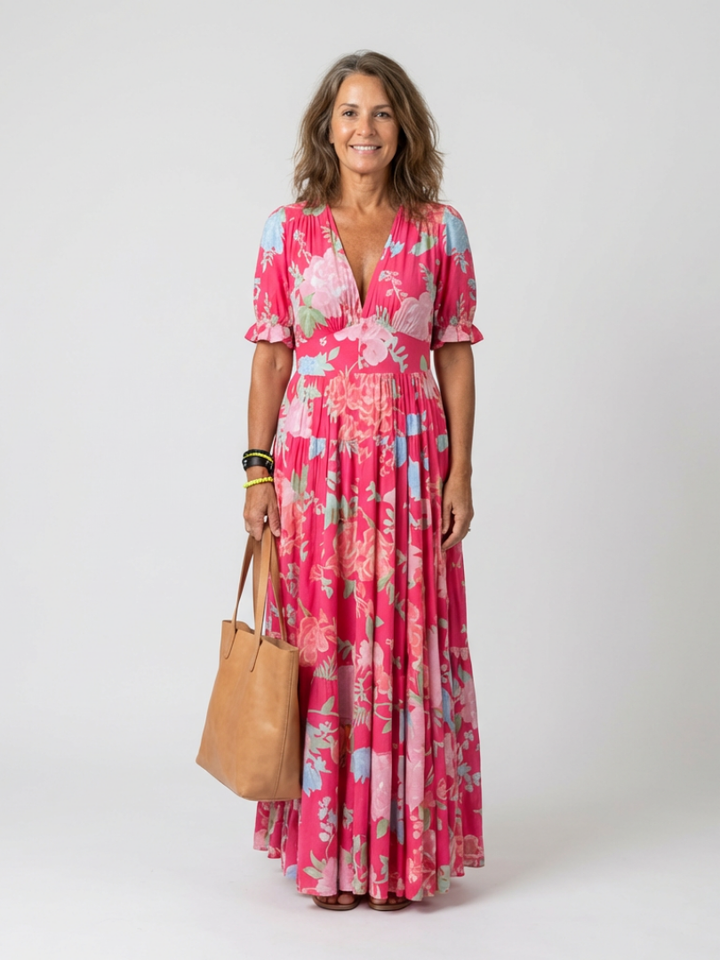 Carlota | Vestito midi floreale a maniche corte e scollo a V