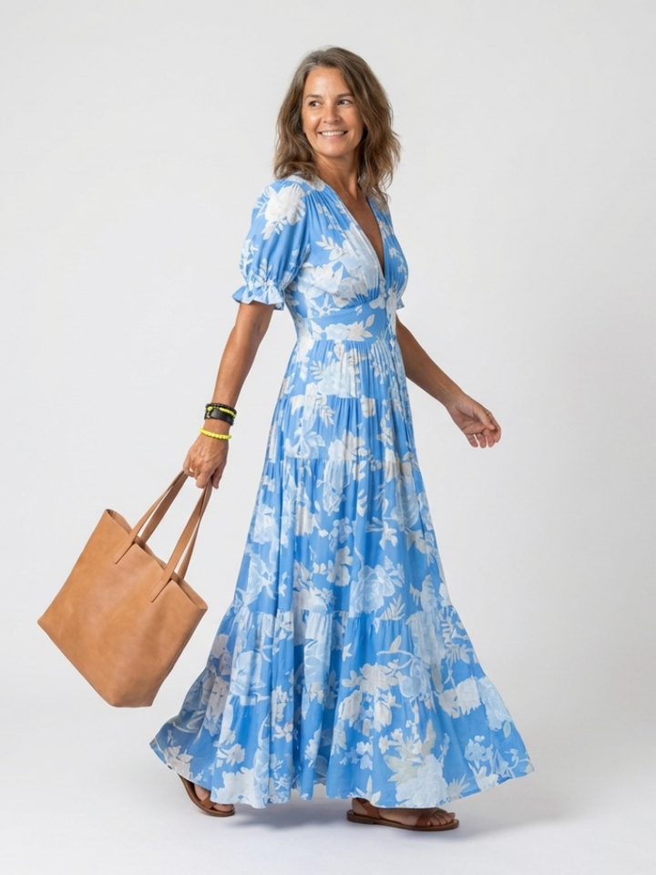 Carlota | Vestito midi floreale a maniche corte e scollo a V