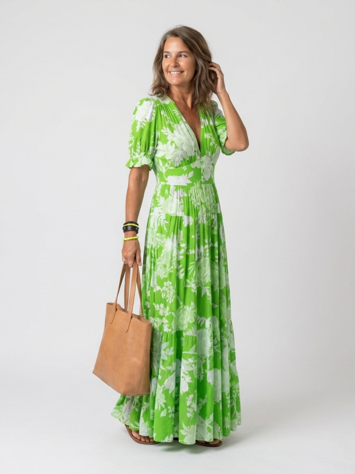 Carlota | Vestito midi floreale a maniche corte e scollo a V