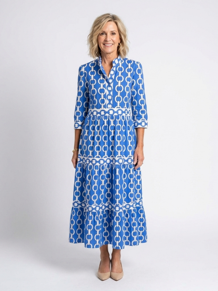 Martina | Vestito midi con stampa di catene e maniche a tre quarti