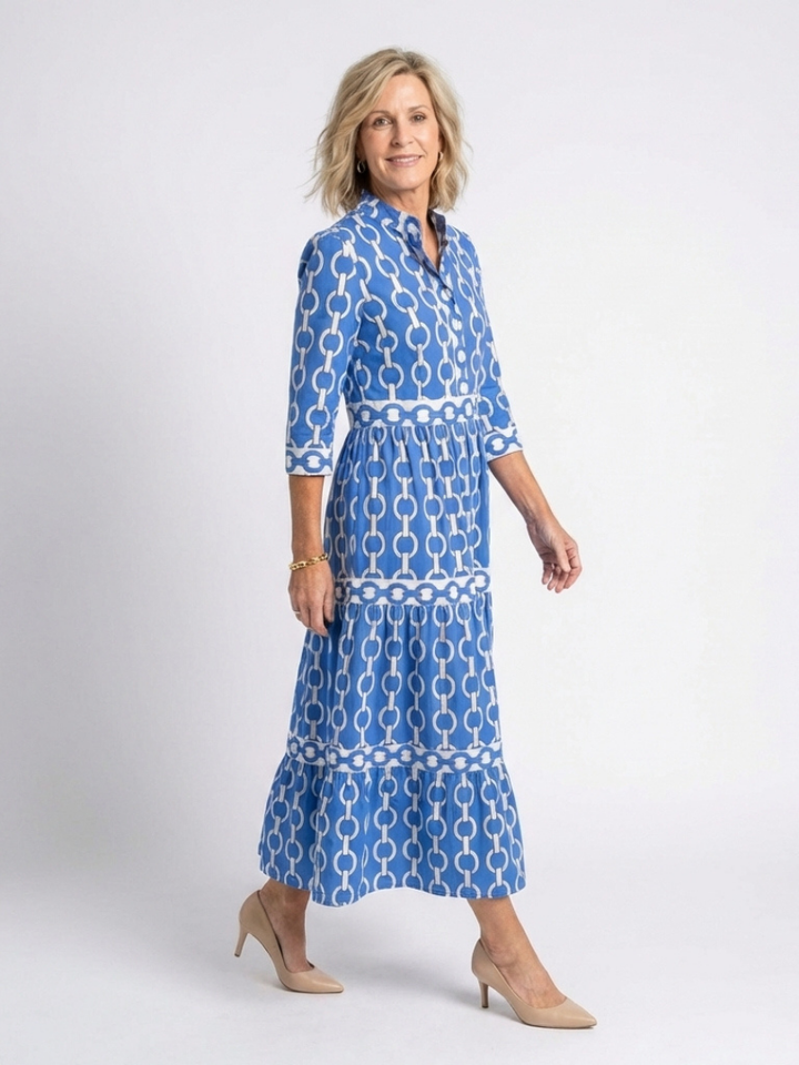 Martina | Vestito midi con stampa di catene e maniche a tre quarti
