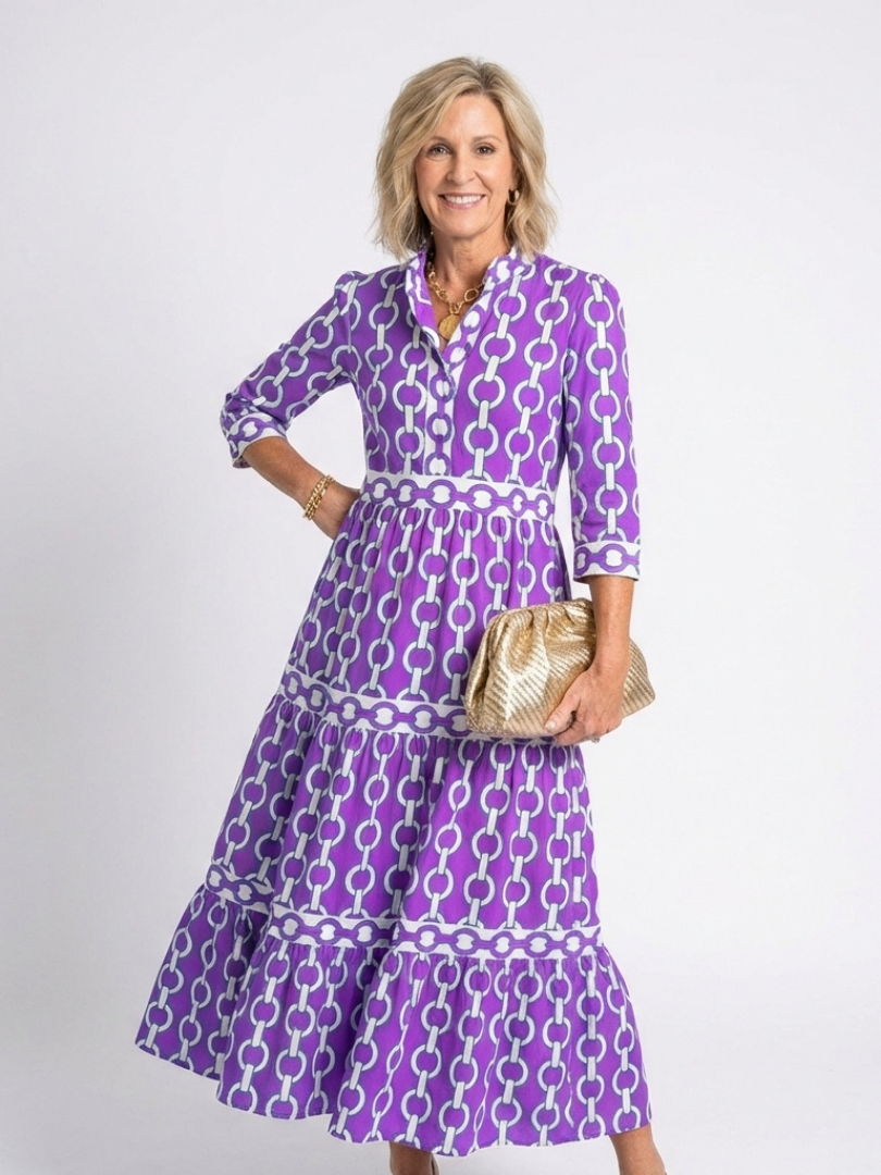 Martina | Vestito midi con stampa di catene e maniche a tre quarti