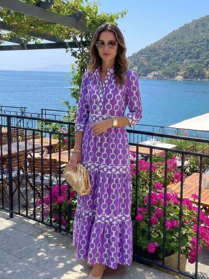 Martina | Vestito midi con stampa di catene e maniche a tre quarti