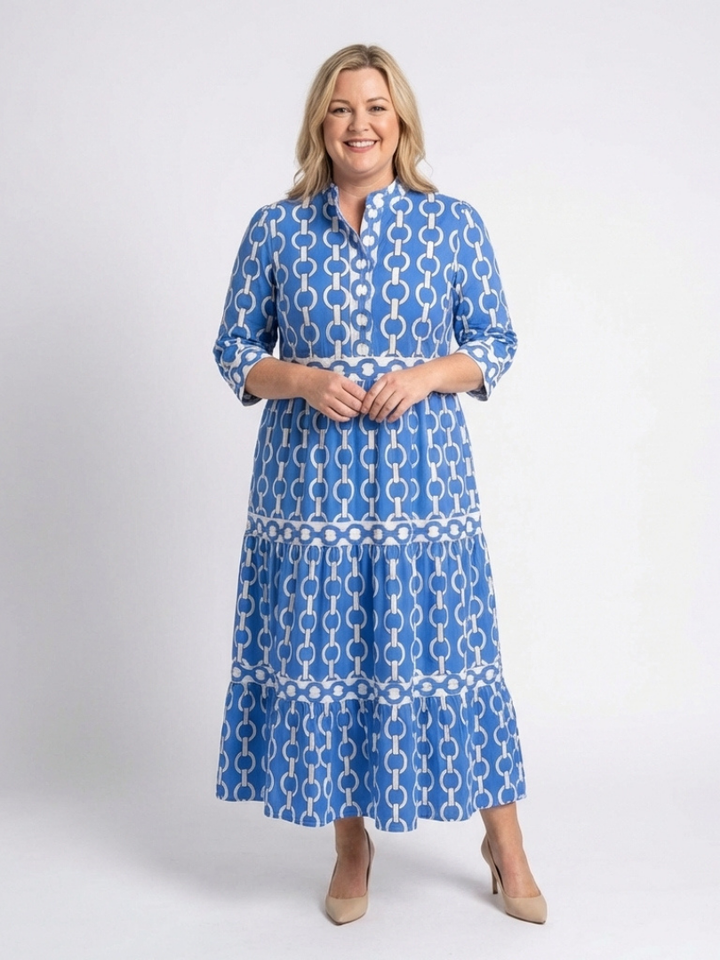 Martina | Vestito midi con stampa di catene e maniche a tre quarti