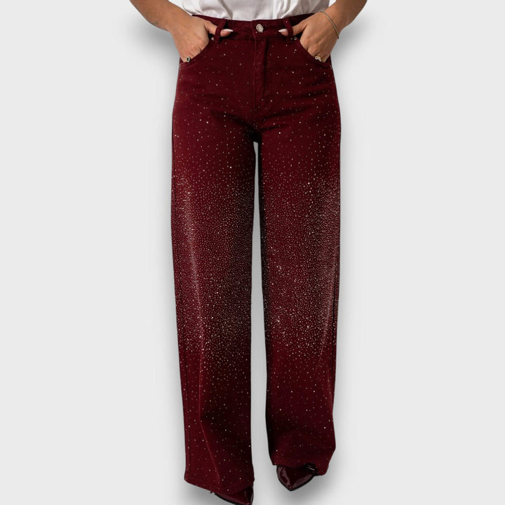 Marvie – Jeans a gamba larga con strass color bordeaux