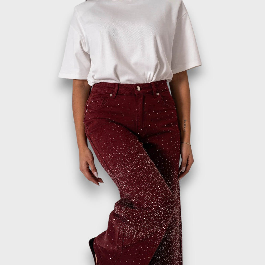Marvie – Jeans a gamba larga con strass color bordeaux