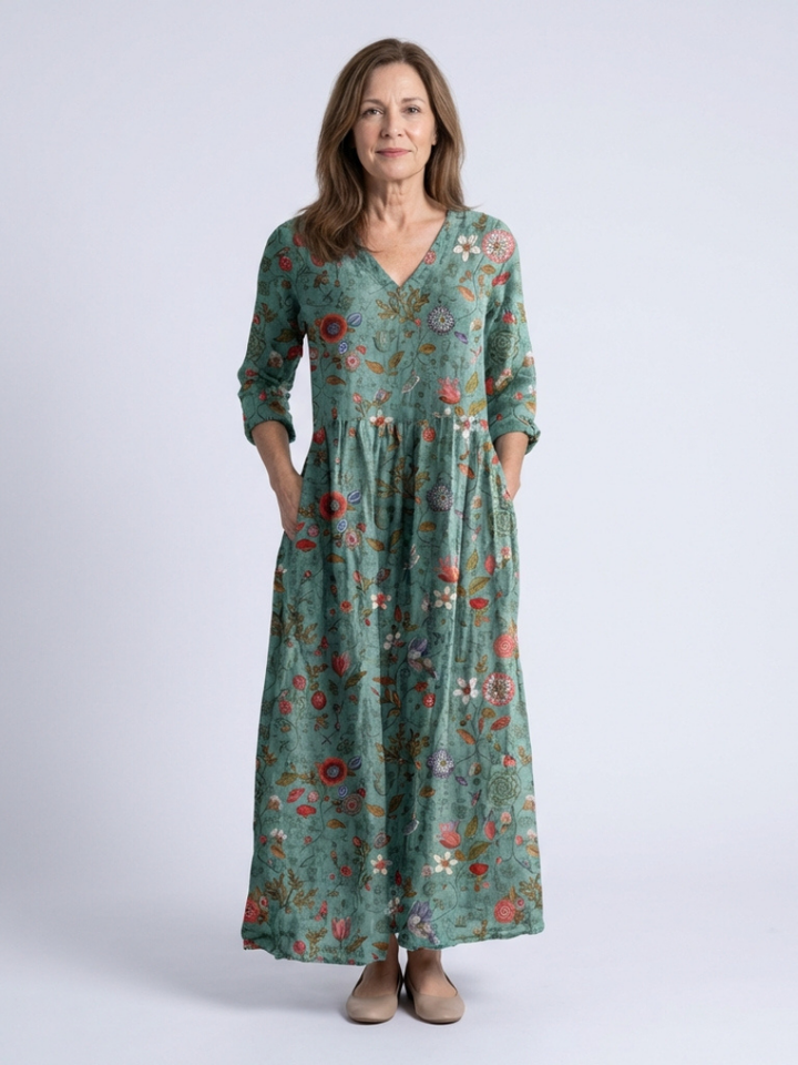 Marina | Vestito lungo con stampa floreale, scollo a V e maniche a tre quarti
