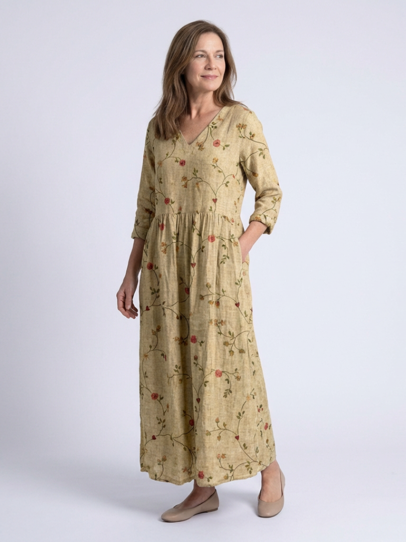 Marina | Vestito lungo con stampa floreale, scollo a V e maniche a tre quarti