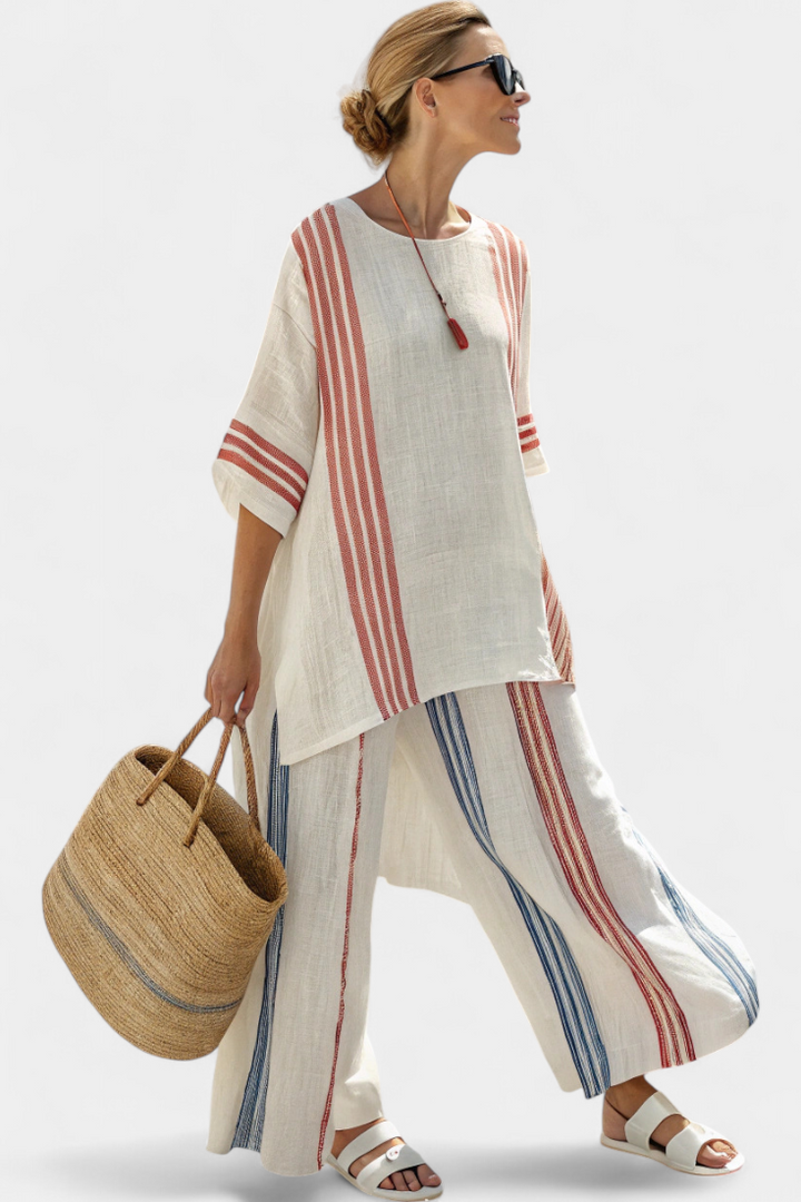 Ludovica – blusa a righe multicolore sofisticata e pantaloni mediterranei