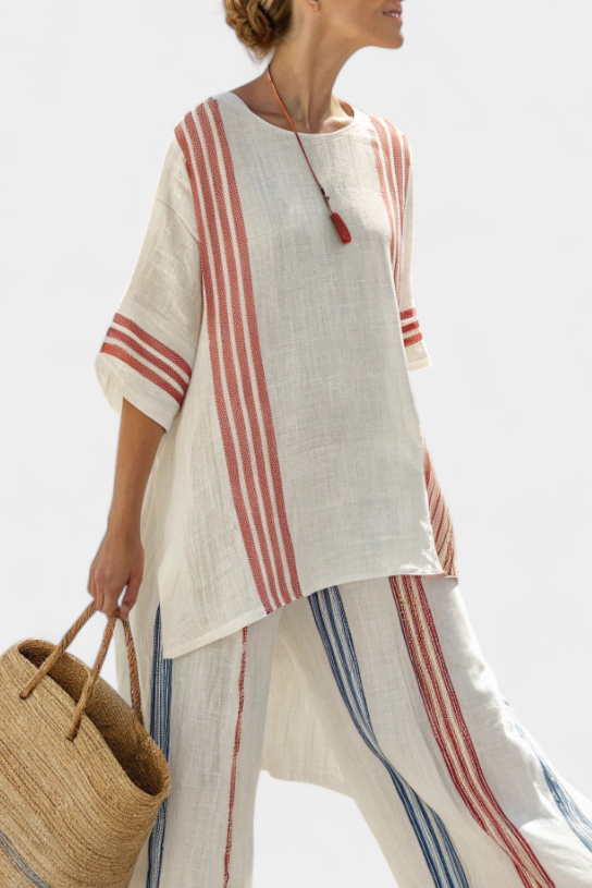 Ludovica – blusa a righe multicolore sofisticata e pantaloni mediterranei