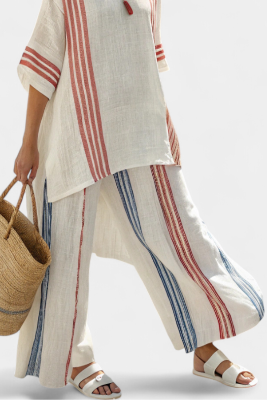 Ludovica – blusa a righe multicolore sofisticata e pantaloni mediterranei