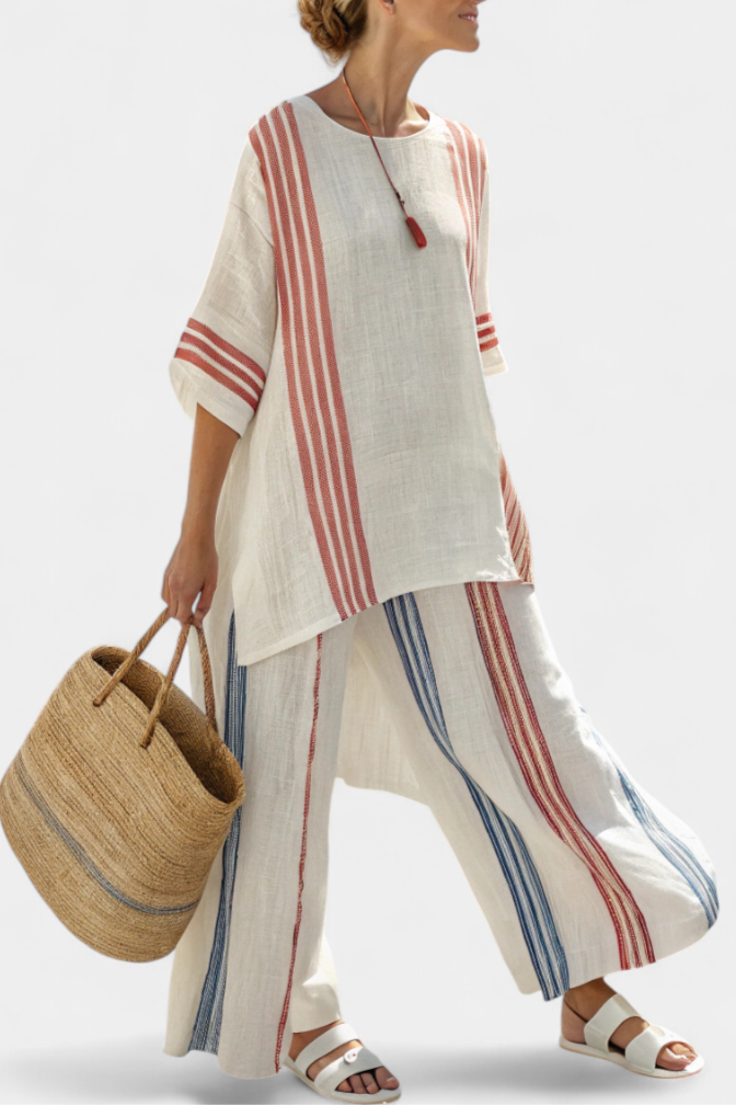 Ludovica – blusa a righe multicolore sofisticata e pantaloni mediterranei