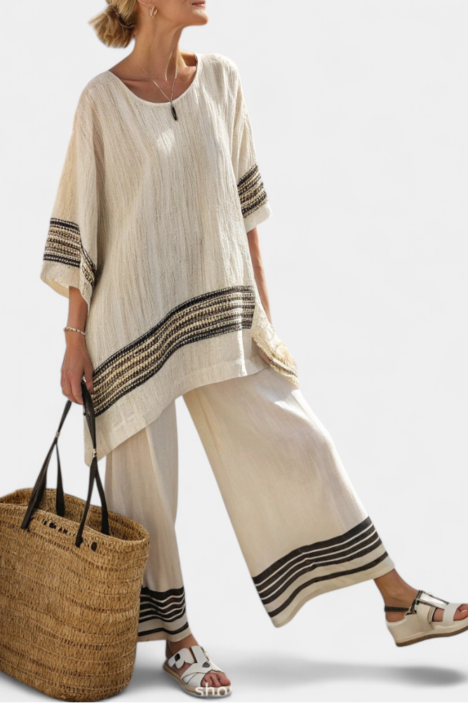 Mariella – top di lino a righe nere elegante e pantaloni fluidi