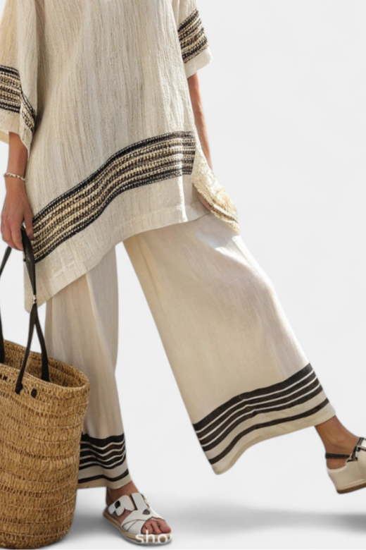 Mariella – top di lino a righe nere elegante e pantaloni fluidi