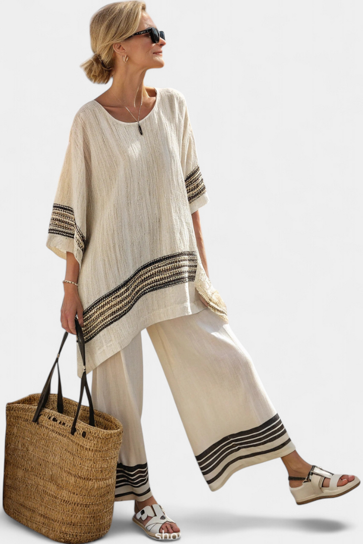 Mariella – top di lino a righe nere elegante e pantaloni fluidi