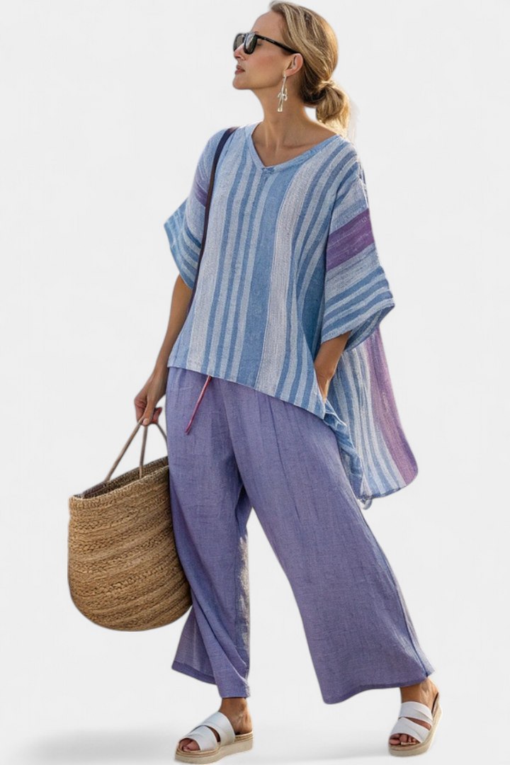 Carlotta – top elegante lavanda e blu cielo e pantaloni di lino