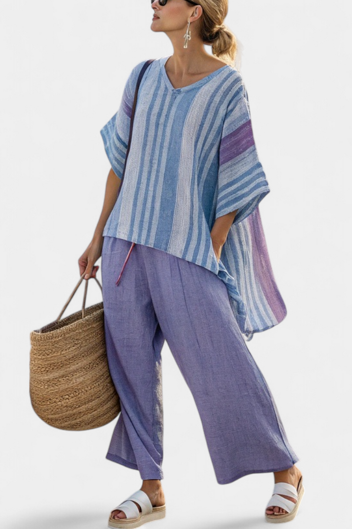 Carlotta – top elegante lavanda e blu cielo e pantaloni di lino