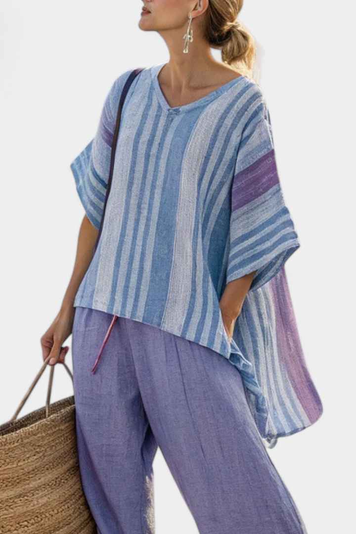 Carlotta – top elegante lavanda e blu cielo e pantaloni di lino