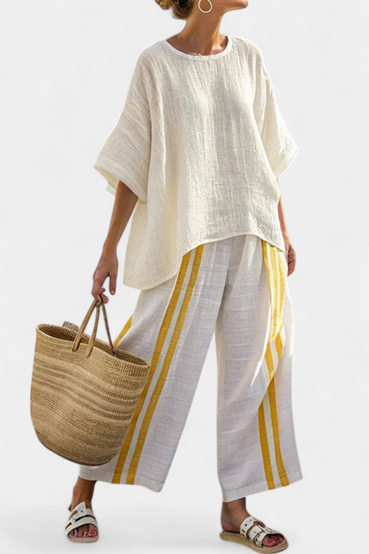 Arianna – top in lino a righe gialle elegante e pantaloni a gamba larga