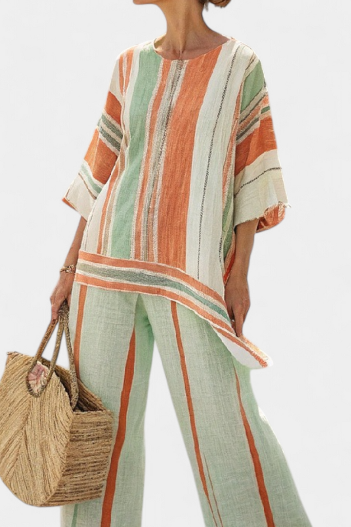Elisabetta – top asimmetrico elegante e pantaloni a gamba larga