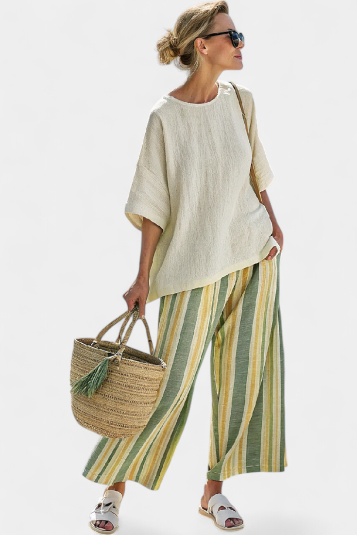 Caterina – top sofisticato e pantaloni di lino a righe