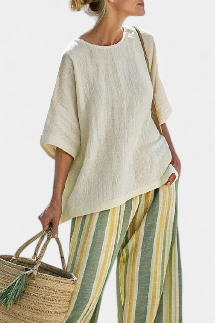 Caterina – top sofisticato e pantaloni di lino a righe