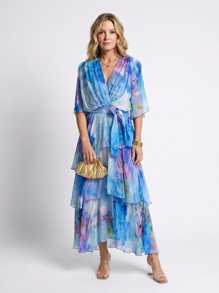 Iris | Vestito lungo con scollo a V, strati trasparenti e cintura annodata