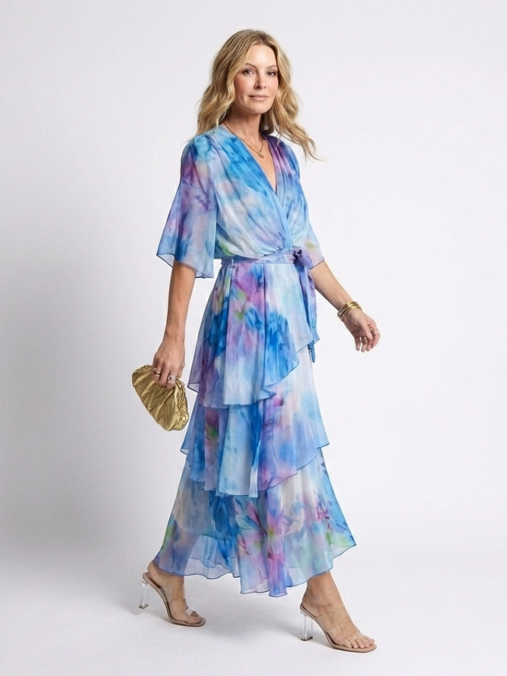 Iris | Vestito lungo con scollo a V, strati trasparenti e cintura annodata