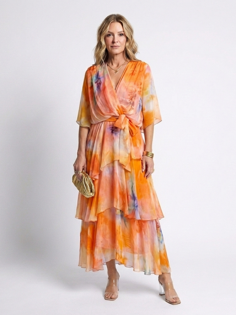 Iris | Vestito lungo con scollo a V, strati trasparenti e cintura annodata