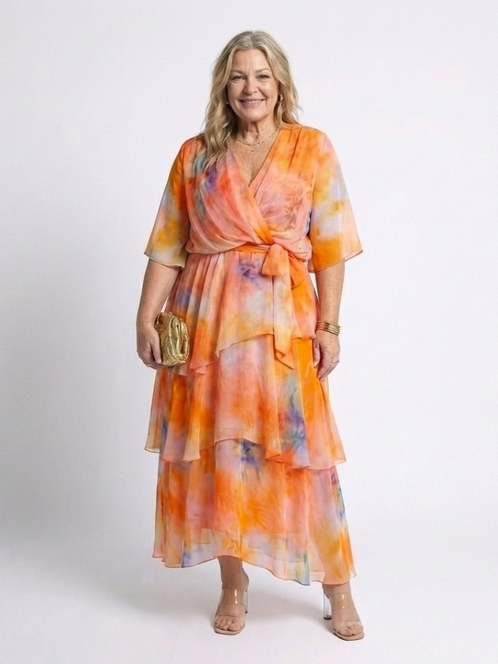 Iris | Vestito lungo con scollo a V, strati trasparenti e cintura annodata