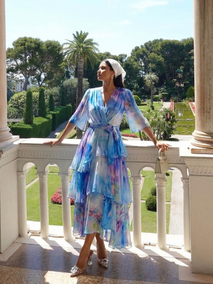 Iris | Vestito lungo con scollo a V, strati trasparenti e cintura annodata