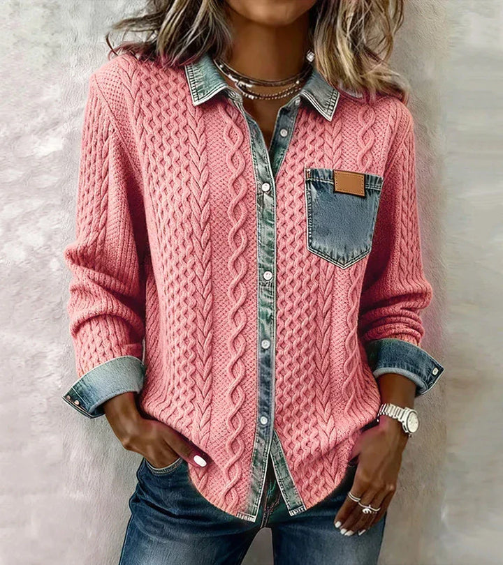 AMBRA - Top in Maglia Patchwork con Dettagli in Denim