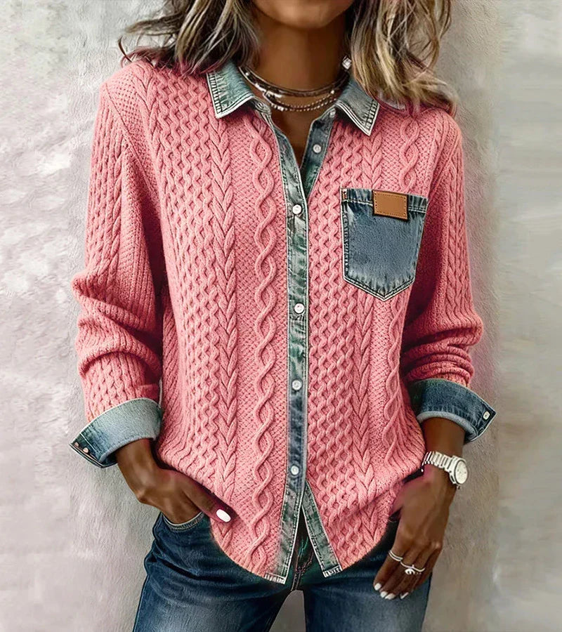 AMBRA - Top in Maglia Patchwork con Dettagli in Denim
