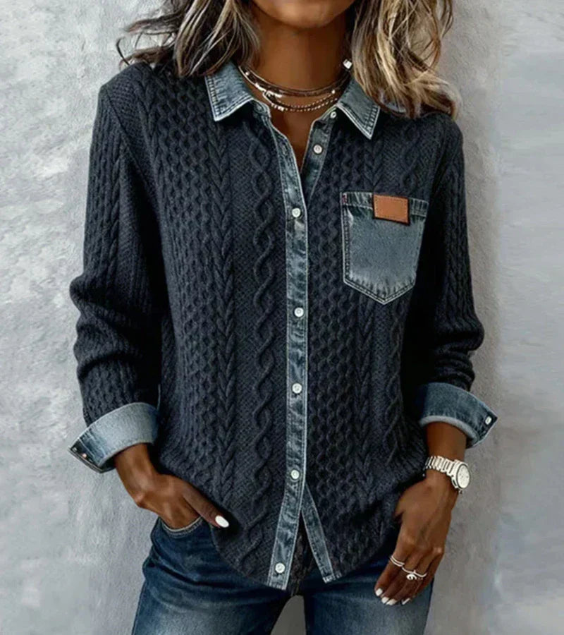 AMBRA - Top in Maglia Patchwork con Dettagli in Denim