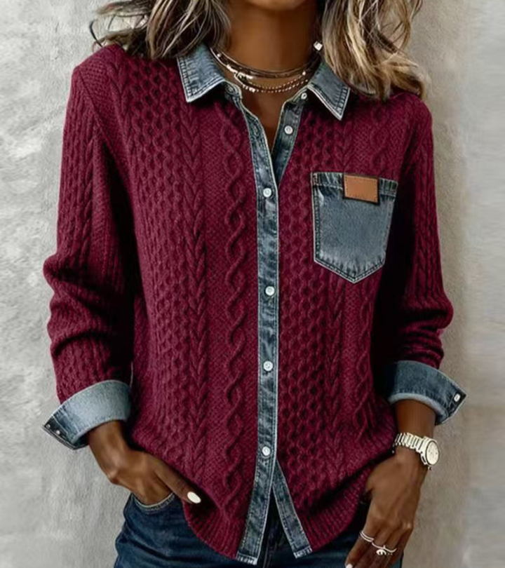 AMBRA - Top in Maglia Patchwork con Dettagli in Denim