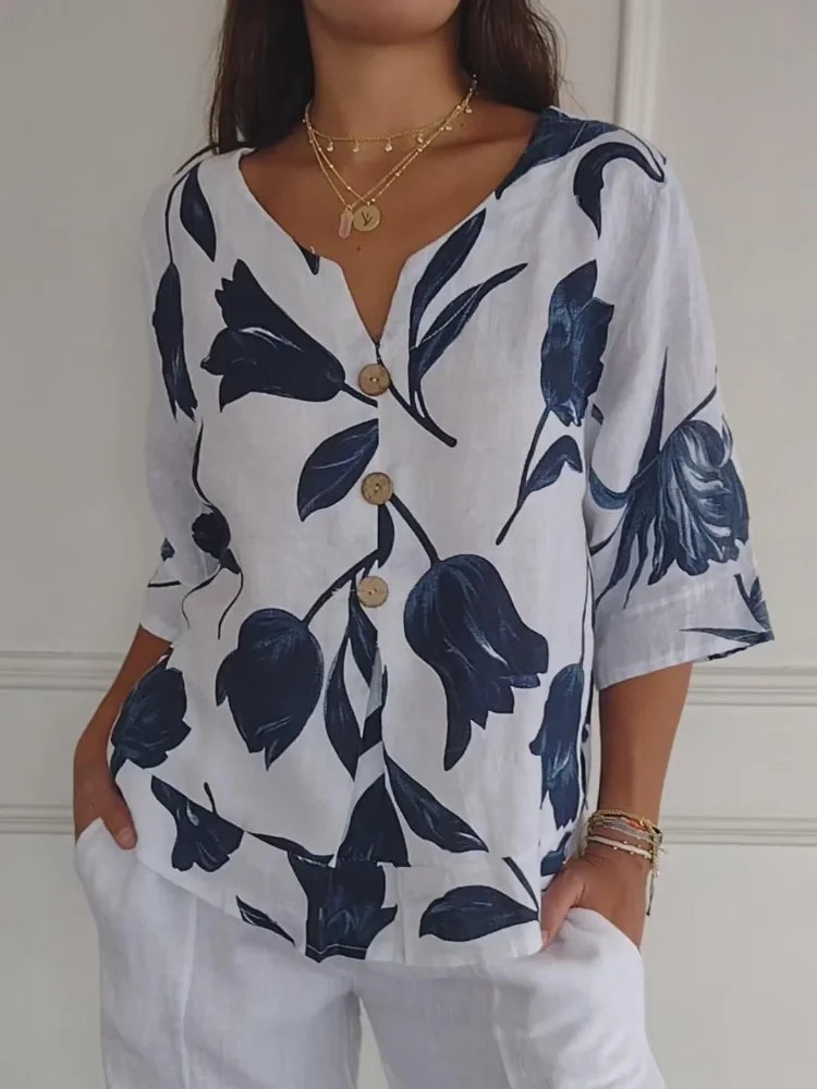 Eluriel - Blusa floreale con bottoni