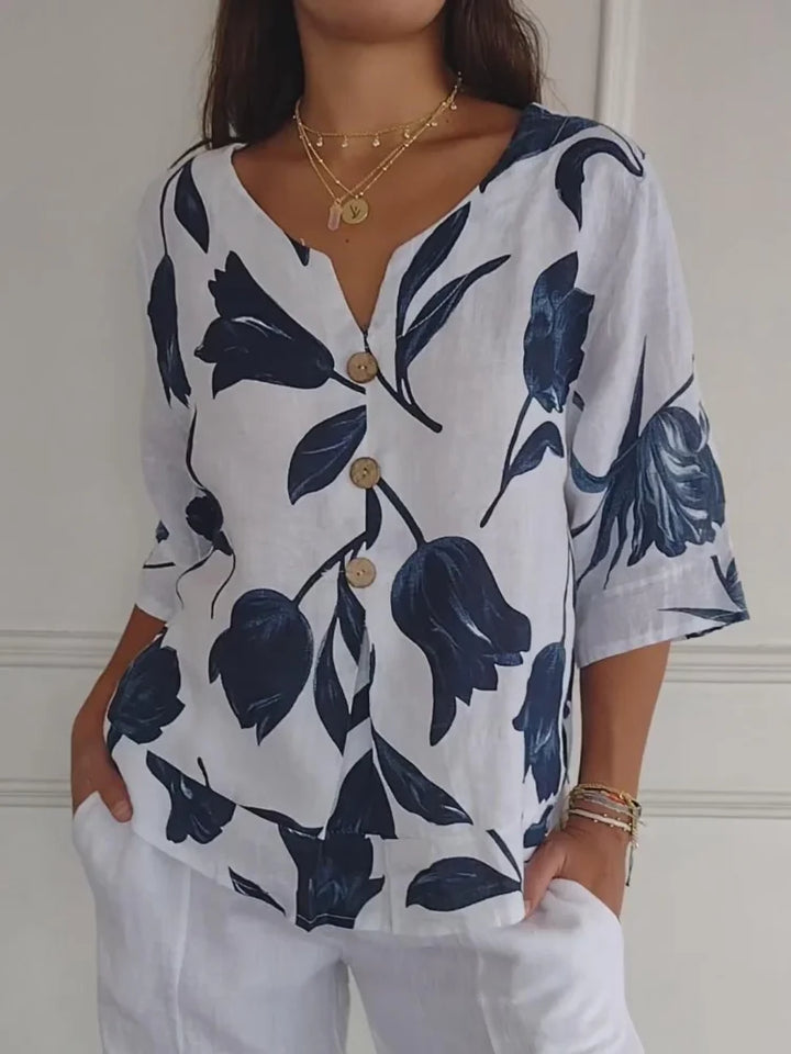 Eluriel - Blusa floreale con bottoni