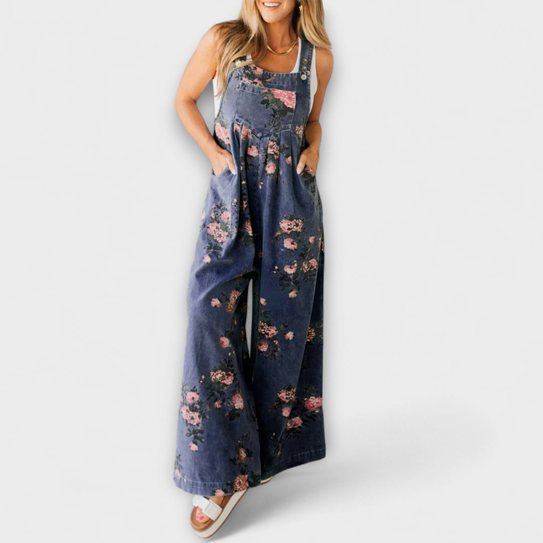 Bethany - Pantalone Salopette in Denim con Motivo Floreale