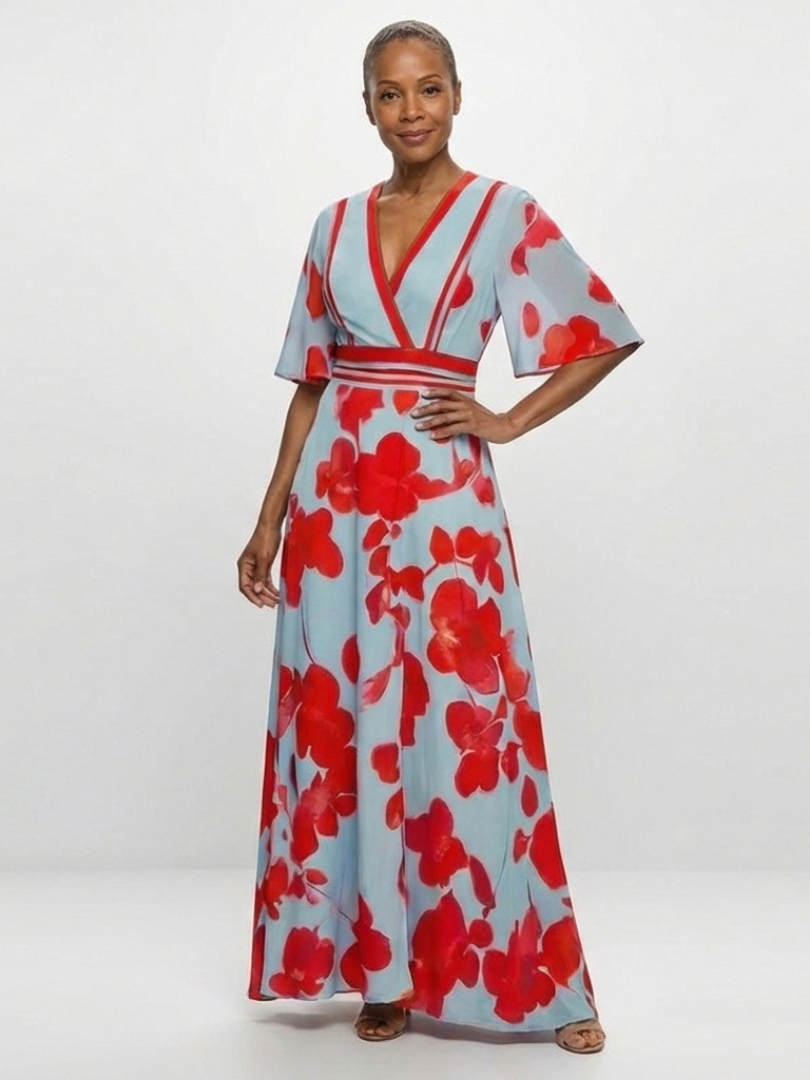 Sara | Vestito lungo a manica corta con scollatura a V e stampa floreale