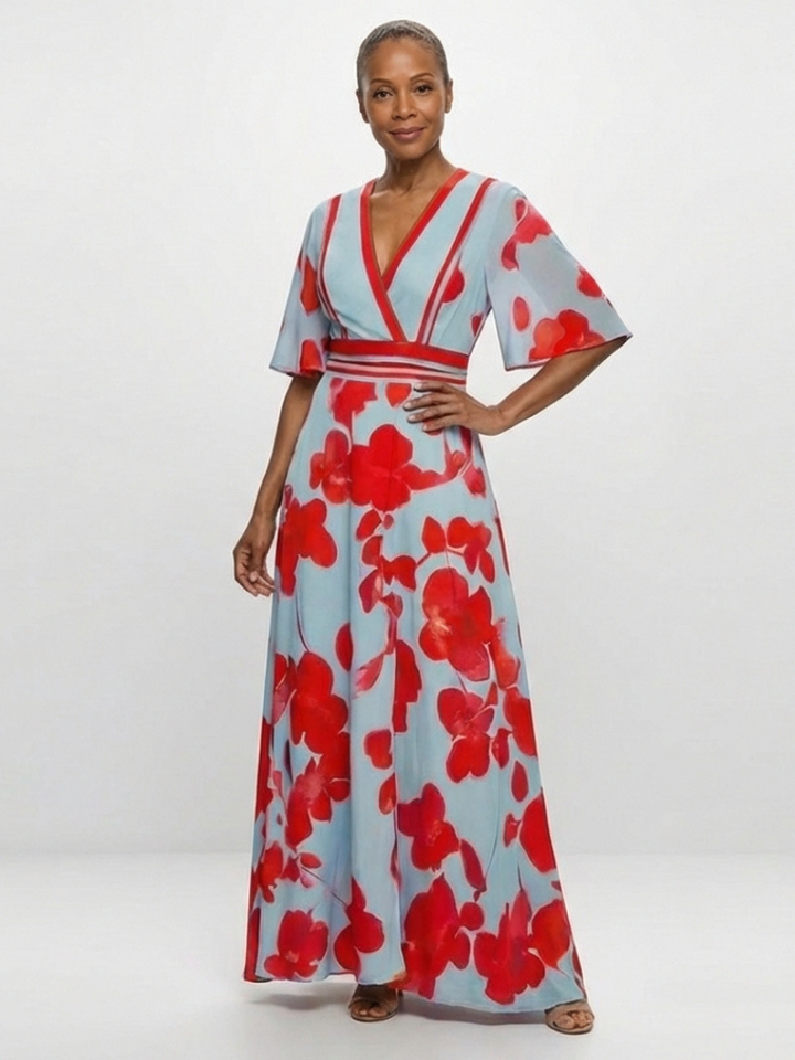 Sara | Vestito lungo a manica corta con scollatura a V e stampa floreale