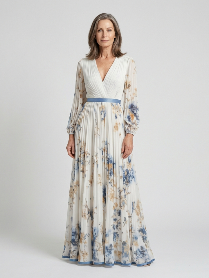 Sofía | Vestito lungo a maniche lunghe con scollatura a V e stampa floreale