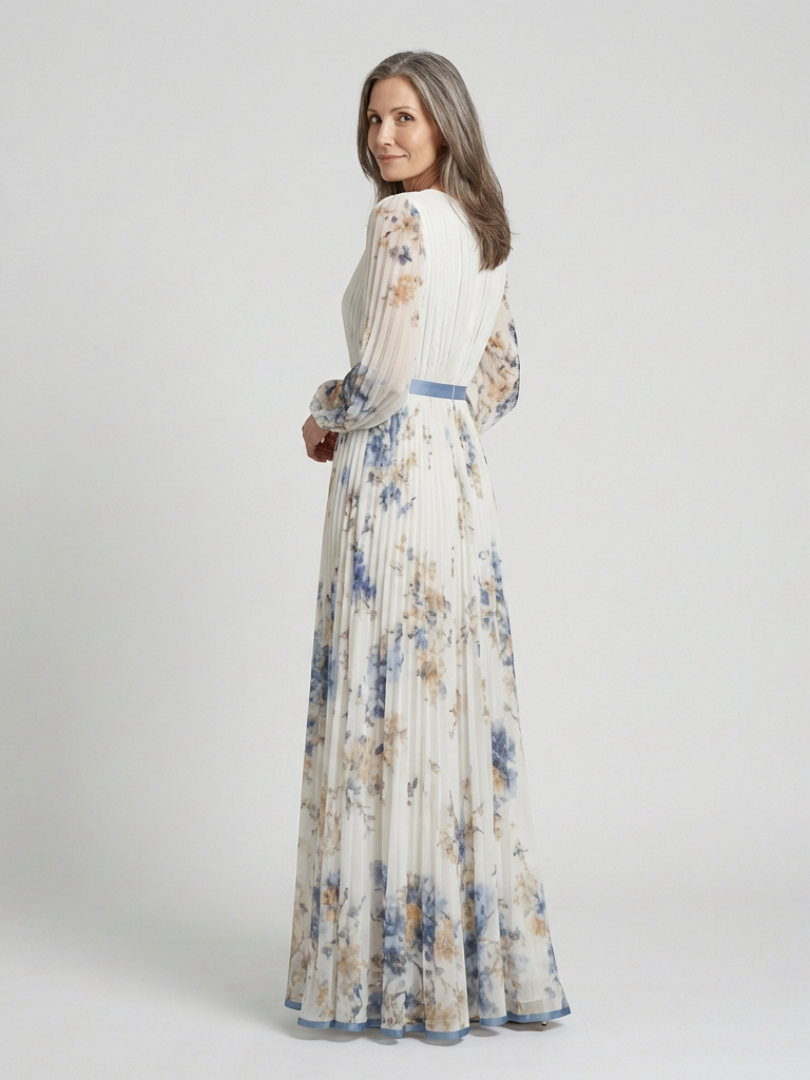 Sofía | Vestito lungo a maniche lunghe con scollatura a V e stampa floreale