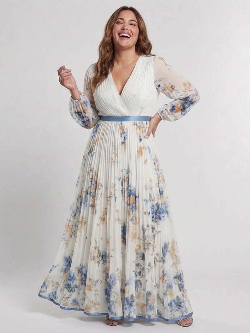 Sofía | Vestito lungo a maniche lunghe con scollatura a V e stampa floreale