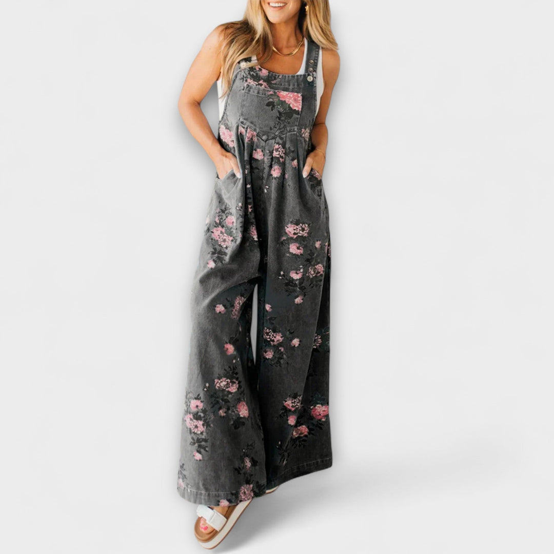 Bethany - Pantalone Salopette in Denim con Motivo Floreale