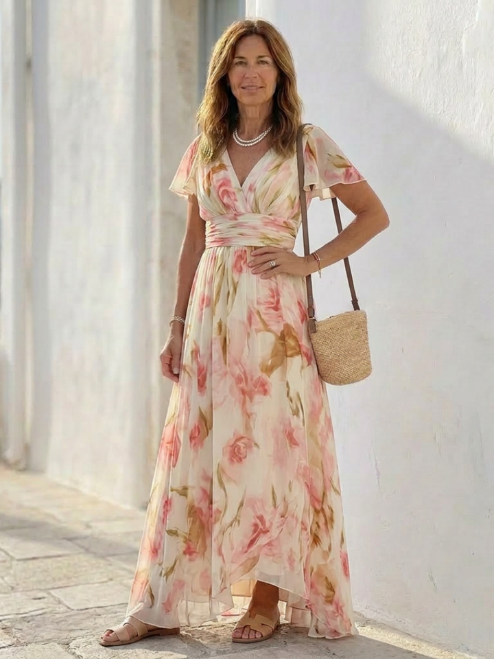 Maya | Vestito lungo a manica corta con scollo a V e stampa floreale